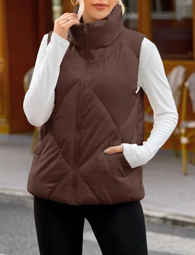 Vista 3 de MEROKEETY Chaleco acolchado sin mangas con cremallera para mujer, con cuello alto, con bolsillos