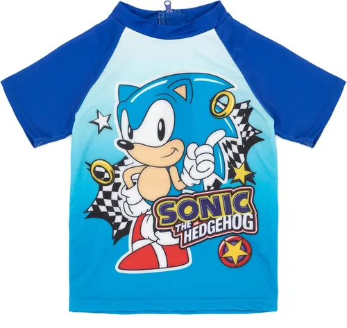 Vista 4 de Sonic The Hedgehog Boys Swimsuit Set Kids Blue 2 Piece T-Shirt & Swim Shorts Racing Checkers & Rings Swimming Costume