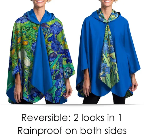 Vista 2 de RainCaper Capa de lluvia para mujer, poncho impermeable con capucha, reversible, arte fino