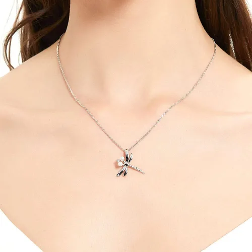 Vista 3 de BERRICLE Collar con colgante de plata de ley con botón blanco de libélula, perlas cultivadas de agua dulce para mujer, chapado en rodio, Plata