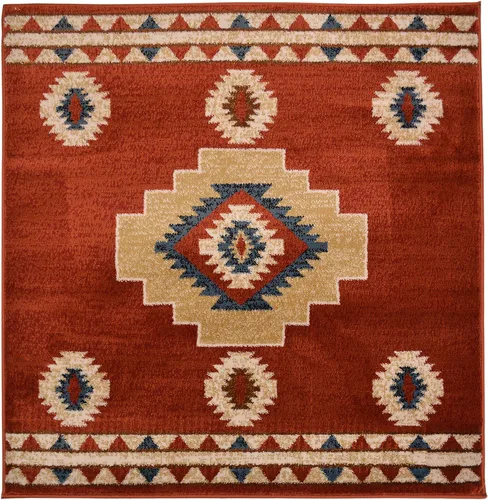 Vista 34 de Nevita Collection Southwestern Native American Design Area Alfombra geométrica (azul, 5'3" redondo)