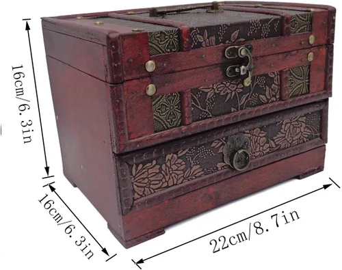 Vista 2 de ISOTO Joyero de madera retro vintage, caja de almacenamiento organizadora, caja de almacenamiento con espejo para novias y mujeres, para el día