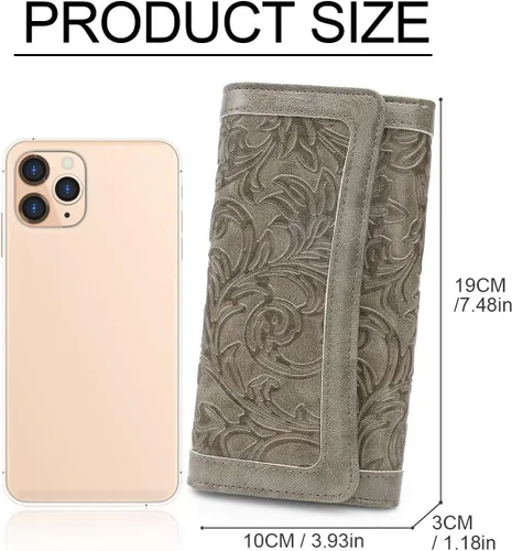 Vista 28 de MEITRUE Cartera de cuero para mujer, con bloqueo RFID, triple pliegue, con relieve, soporte para tarjetas, organizador de chequera para teléfono