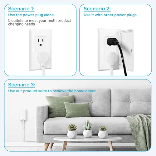 Vista 2 de Corrector de salida ultrafino con cable de extensión de enchufe ultra plano de 3 pies, corrector de cubierta de toma, 5 salidas de CA, 1875 W