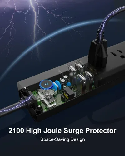Vista 4 de Paquete de 2 cables de extensión de 6 pies de largo con protección contra sobretensiones de enchufe plano 6 Outlets 4 USB Ports, Power Strips with
