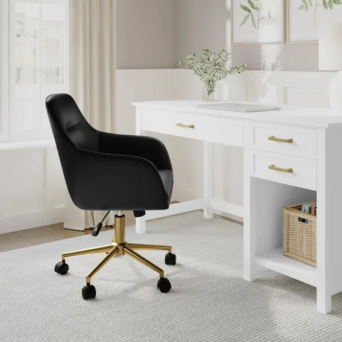 Vista 2 de Martha Stewart Rayna Silla de Trabajo Giratoria con Brazos Acampanados para Oficina en Casa en Cuero Sintético Negro con Marco de Latón Pulido