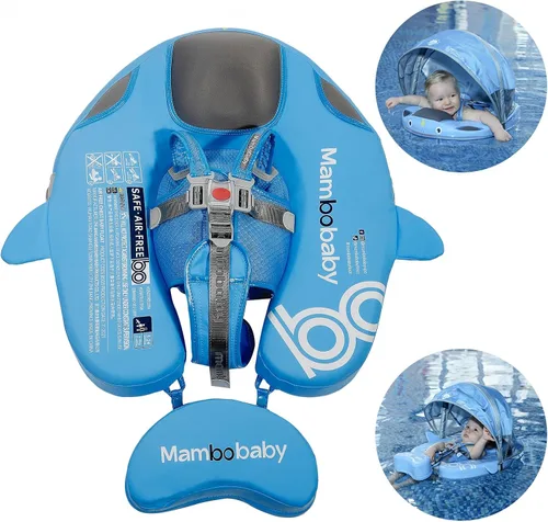 Vista 10 de Mambobaby Flotador para bebé con toldo y cola, flotador no inflable para piscina, correa de seguridad ajustable, entrenador de natación para niños