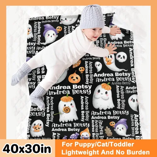 Vista 3 de Manta personalizada de fantasmas de Halloween, regalos para niñas, mujeres y niños, manta de forro polar ligera, espeluznante para niños, mantas
