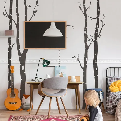 Vista 4 de Calcomanías de pared de árbol grande, arte de pared de bosque de abedul, despegar y pegar, calcomanías de pared para guardería, dormitorio, sala