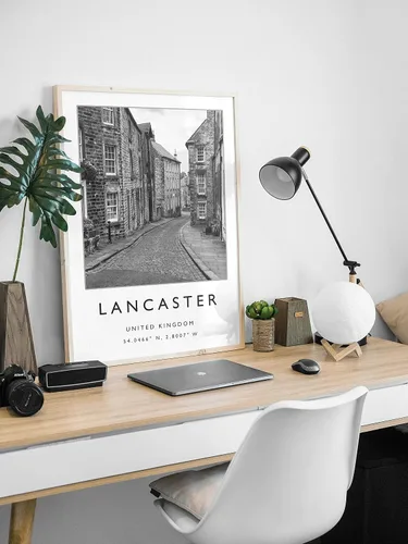 Vista 2 de Lancaster - Póster de viaje de Lancaster Inglaterra, impresión de viaje del Reino Unido, arte de viaje, póster de viaje, blanco y negro #780