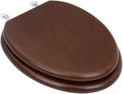 Vista 17 de Renovators Supply Manufacturing Asiento de retrete alargado de madera de caoba ligera con las bisagras de cobre amarillo de PVD y el parachoques
