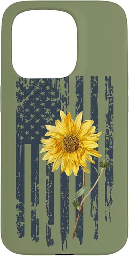 Vista 14 de iPhone 16 Yellow Sunflower Patriotic US American Flag Women Sage Green Case