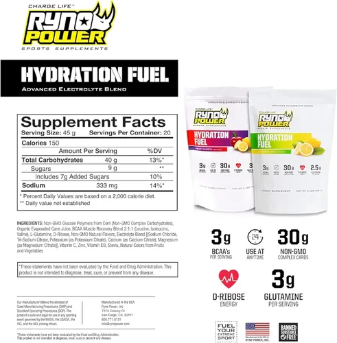 Vista 7 de Ryno Power Hydration Fuel - Mezcla de bebida con electrolitos de 2 libras (20 porciones) 'Fruit Punch' - Fórmula avanzada de electrolitos + BCAA