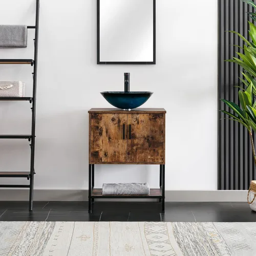 Vista 35 de eclife Lavabo de tocador de baño de 24 pulgadas, gabinete de metal moderno con estante inferior, fregadero azul para barco y grifo de ahorro de agua