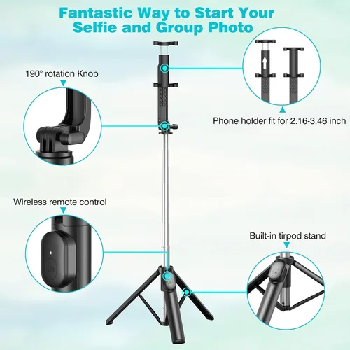 Vista 7 de Palo selfie, trípode extensible para selfie stick con control remoto inalámbrico y soporte para teléfono, trípode portátil para selfie grupal