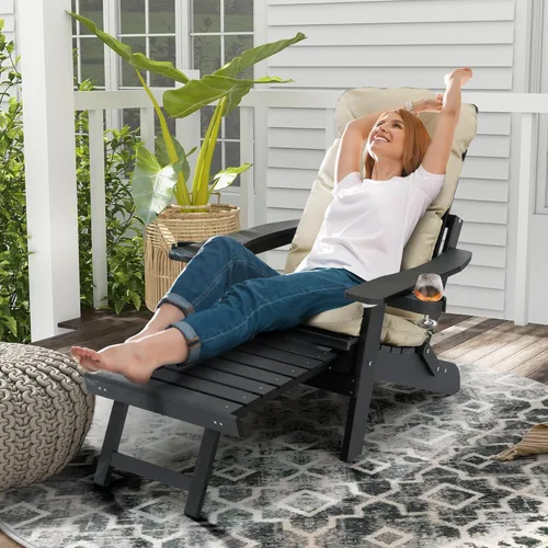 Vista 2 de Mega Casa Silla Adirondack Poly Lumber con portavasos, otomana y cojín, respaldo ajustable, material HIPS resistente a todo tipo de clima