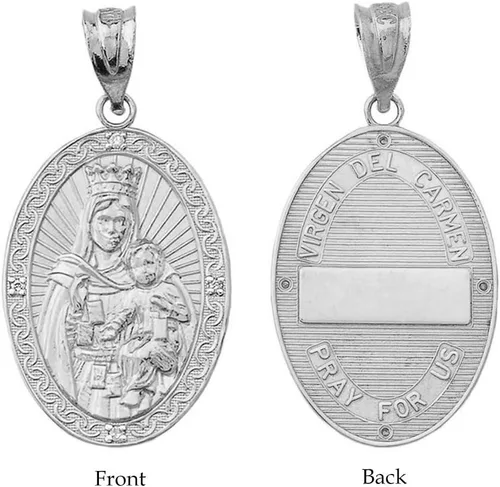 Vista 3 de Collar con colgante ovalado de plata de ley Nuestra Señora del Monte Carmelo (Virgen del Carmen) con acento en CZ