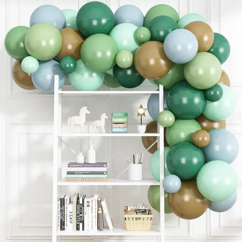 Vista 5 de Globos azules, verdes y marrones, globo verde pastel salvia de 12 pulgadas, globo azul polvoriento para bosque de dinosaurios, cumpleaños temático