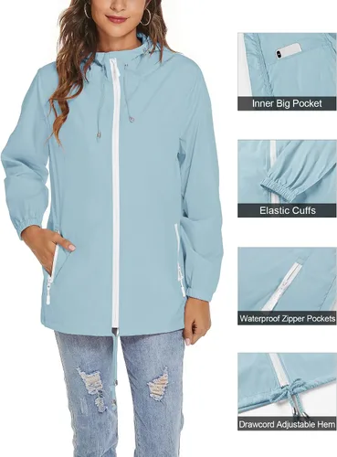 Vista 3 de Avoogue Chaqueta impermeable para mujer, ligera, transpirable, con capucha, rompevientos activos con bolsillo