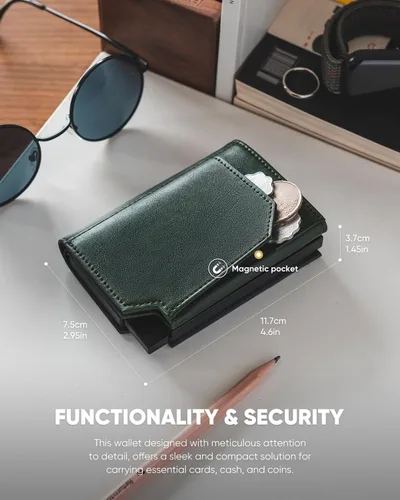 Vista 6 de VULKIT Billetera desplegable de metal para hombre, bloqueo RFID inteligente, tarjetero de crédito, cierre magnético, billetera triple de cuero
