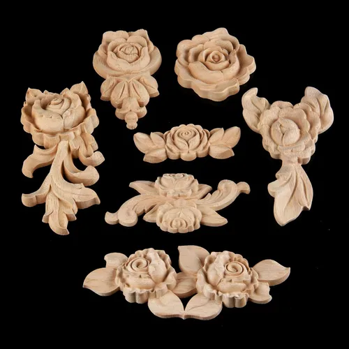 Vista 6 de MUXSAM Apliques tallados en madera de rosa, paquete de 2 mini calcomanías de madera sin pintar para armario, pared, tocador, cama, espejo, chimenea