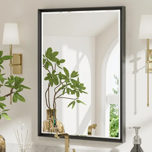 Vista 12 de Espejo de baño negro, espejo de baño biselado de 16 x 24 pulgadas para pared, espejo con marco negro antioxidante para decoración de baño, sala
