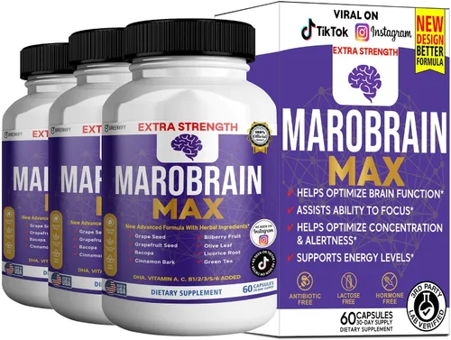 Vista 9 de MAROBRAIN MAX Suplemento de apoyo cerebral extra fuerte, 60 cápsulas, con mezcla de hierbas, vitaminas A C D complejo B, DHA, semilla de uva, bacopa