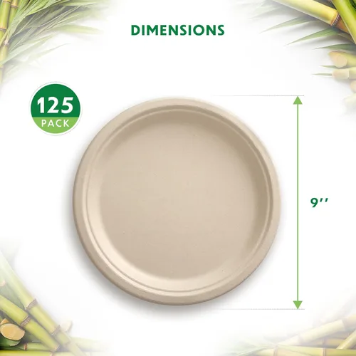 Vista 3 de Platos compostables, platos de papel desechables de alta resistencia - [125 unidades] de 9 pulgadas, biodegradables sin blanquear, hechos de bagazo
