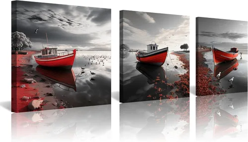 Vista 13 de Arte de pared costero de playa, arte en lienzo de barco azul, imágenes de gaviota, paisaje marino, impresiones de pintura de paisajes marinos, obras