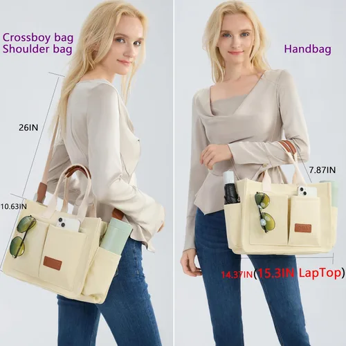 Vista 3 de Bolso de mano para mujer con compartimentos, bolso grande de lona para mujer, bolso cruzado de trabajo, portátil, bolsa de libros, bolsos de hombro