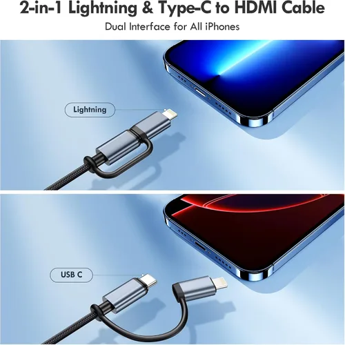 Vista 2 de lulaven Cable Lightning y tipo C a HDMI 2 en 1 [6 pies], cable HDMI para iPhone, interfaz dual para todos los iPhones (17/16/15/14/Pro/Max) y iPad