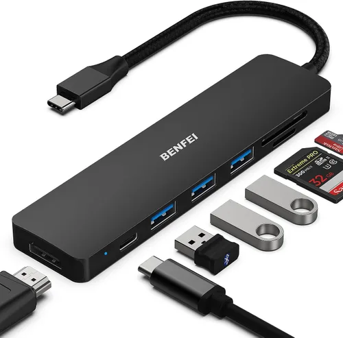 Vista 9 de BENFEI Hub USB C 5 en 1 con HDMI 4K (certificado), entrega de energía de 100W, 3 USB-A, cable de silicona, carcasa de aluminio compatible
