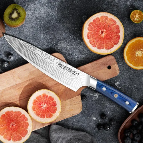 Vista 6 de Cuchillo de chef profesional de 8 pulgadas, acero inoxidable alemán, ultra afilado, para carne vegetal, con protector de cuchillo