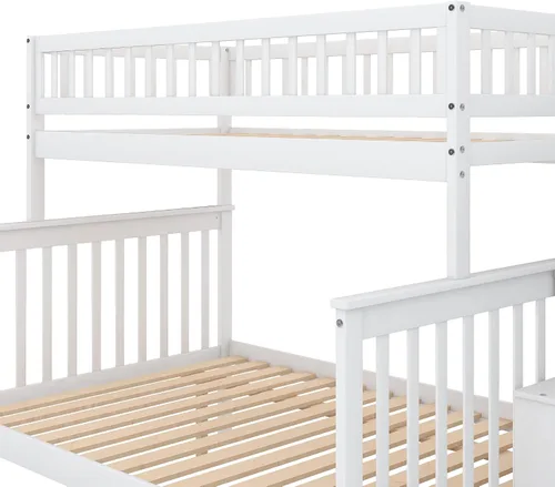 Vista 8 de Literas de tamaño individual sobre matrimonial, diseño de madera que ahorra espacio, litera con barandilla de almacenamiento y protección