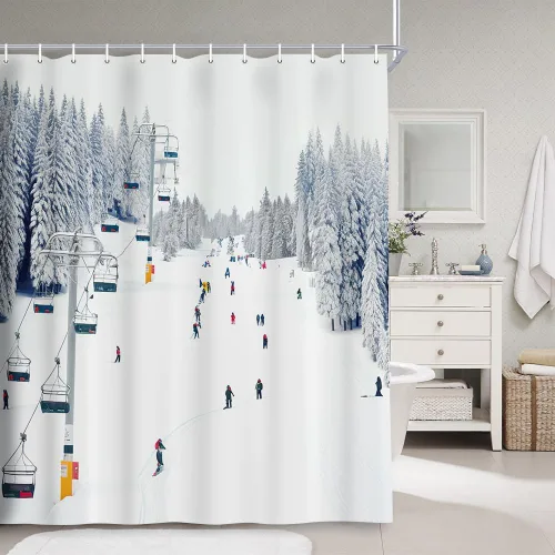 Vista 2 de NYMB Cortina de ducha deportiva, para invierno, vacaciones, viajes, nieve, esquí, teleférico, tela de poliéster, para baño, juego de accesorios