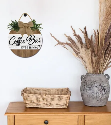 Vista 6 de Cartel de café con texto en inglés «Love Is Brewing» para cafetería, letrero de madera rústica de 11 pulgadas para decoración de pared de cafetería