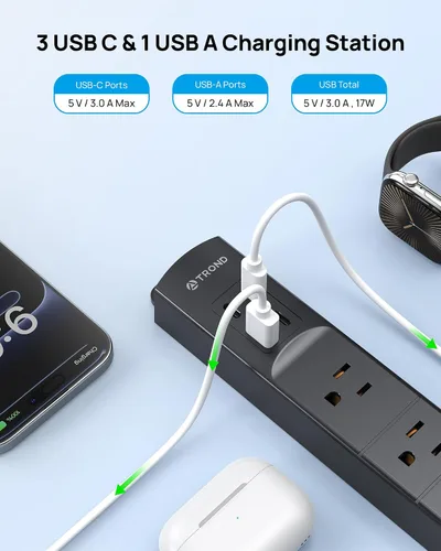 Vista 3 de Trond - Regleta protectora contra sobretensiones de montaje en pared con enchufe giratorio 360, 3 pies 4 AC, 3 USB-C & 1 USB-A, 1440J, 13A/1625W