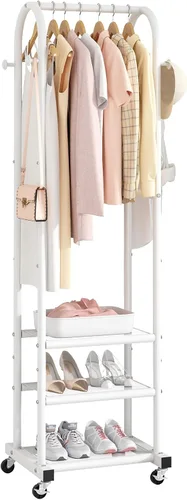 Vista 9 de Kaitiemoo Perchero de ropa resistente con ruedas, moderno perchero con 3 estantes de metal, estante de exhibición de 71.8 pulgadas para colgar ropa