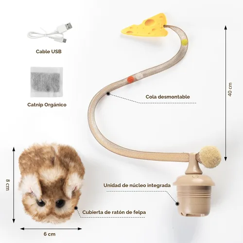 Vista 8 de Migipaws MigiMouse - Juguete interactivo para gatos de 360° con cola de plástico de malla para gatos de interior, sensor de movimiento inteligente