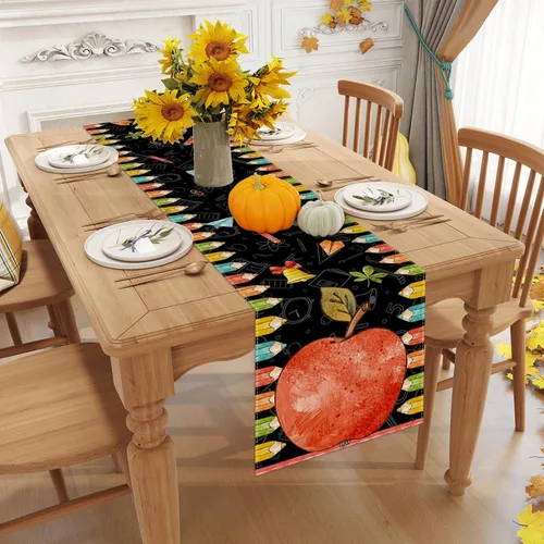 Vista 3 de Camino de mesa con lápiz de manzana de acuarela para el primer día de escuela, decoraciones y suministros para el hogar, escuela, aula, oficina, 13