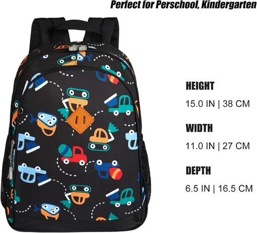 Vista 5 de JinBeryl Mochila para niños pequeños de 15 pulgadas, mochila para niños preescolares o jardín de infantes, con correa para el pecho, Caricatura