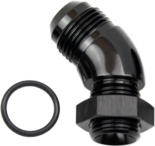 Vista 25 de 45 grados 4AN macho Flare a 4AN ORB puerto adaptador de flujo completo aluminio negro