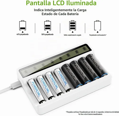 Vista 4 de Powerowl Cargador de Batería de 8 Compartimentos AA AAA con Pantalla LCD (Carga Rápida USB, Ranura Independiente) para Baterías Recargables Ni-MH