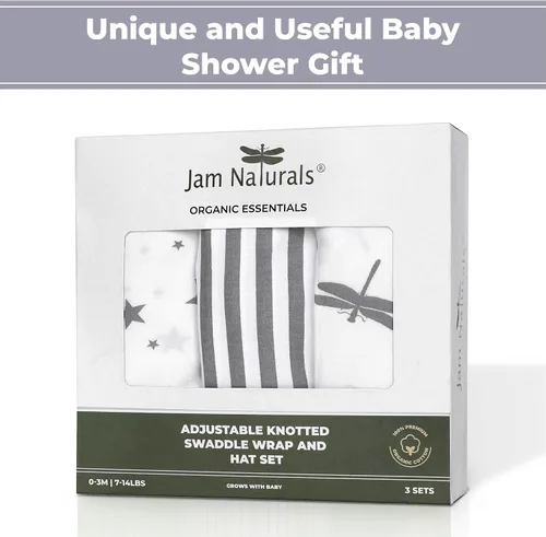 Vista 7 de Jam Naturals - Conjunto de 3 mantas y gorro de velcro ajustable con lazo orgánico, Gris