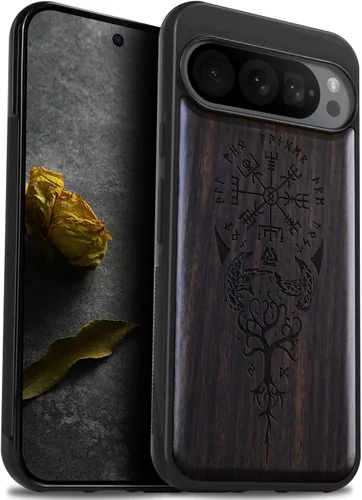 Vista 13 de Carveit Funda de madera para Pixel 9 Pro [madera natural y TPU suave negro] a prueba de golpes, funda de madera única compatible con Google Pixel 9