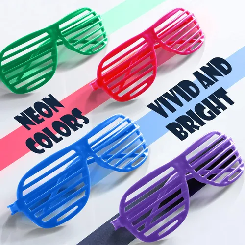 Vista 4 de Novelty Place Paquete de 12 lentes de sol, lentes de sol, lentes de plástico de color neón para niños y adultos, accesorios de fiesta de los años 80