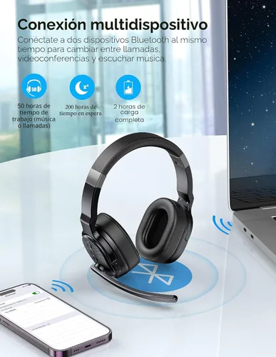 Vista 2 de TECKNET Auriculares Bluetooth para Camioneros, Auriculares Inalámbricos de Una y Dos Orejas con Micrófono para Trabajo con Cancelación de Ruido, 50