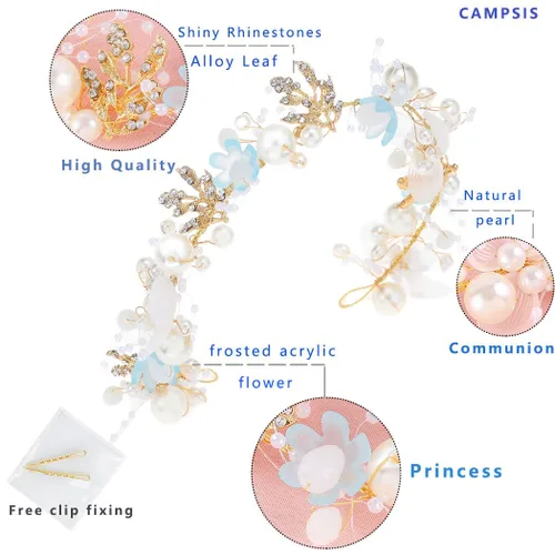 Vista 3 de Campsis Diadema para niñas con perlas y flores, diadema de boda de cristal azul, accesorios para el cabello para niñas