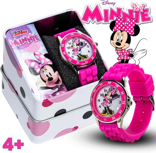 Vista 2 de Reloj Minnie Mouse Time Teacher para niñas - Reloj analógico de aprendizaje de la hora con números fáciles de leer y cómoda banda de silicona Rosa