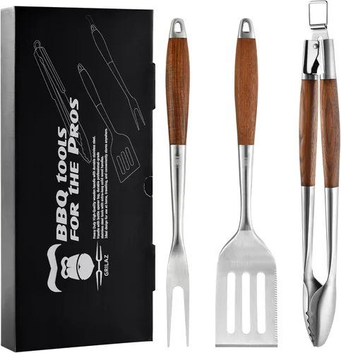 Vista 11 de Grilaz Juego de herramientas para barbacoa de acero inoxidable Mangos de madera teñida oscura Accesorios de parrilla para trabajo pesado Juego